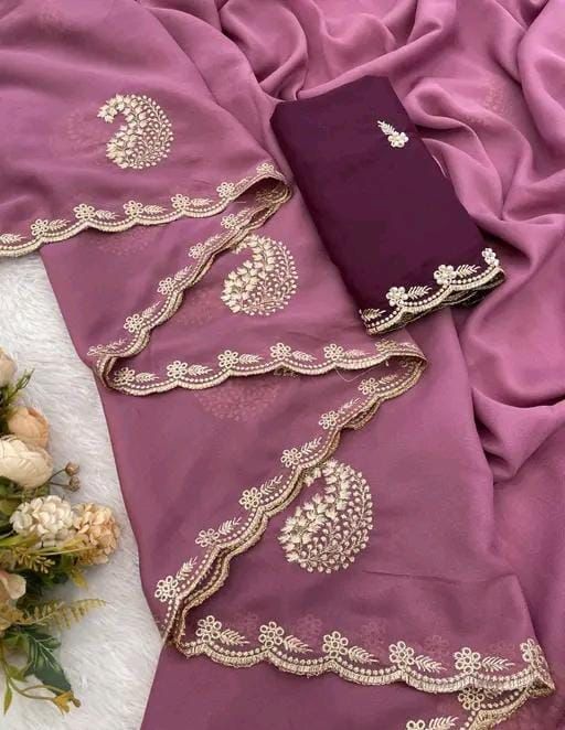 Premium Star Georgette Silk Saree with Embroidery & Scalloped Zari Cutwork Border – Festive & Partywear Collection
