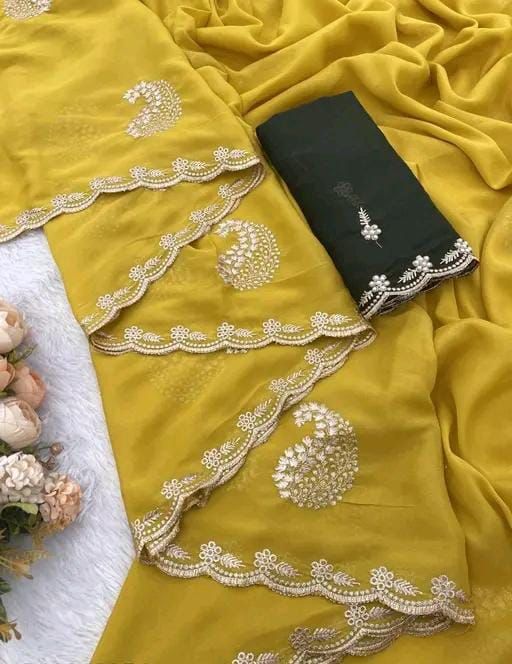 Premium Star Georgette Silk Saree with Embroidery & Scalloped Zari Cutwork Border – Festive & Partywear Collection