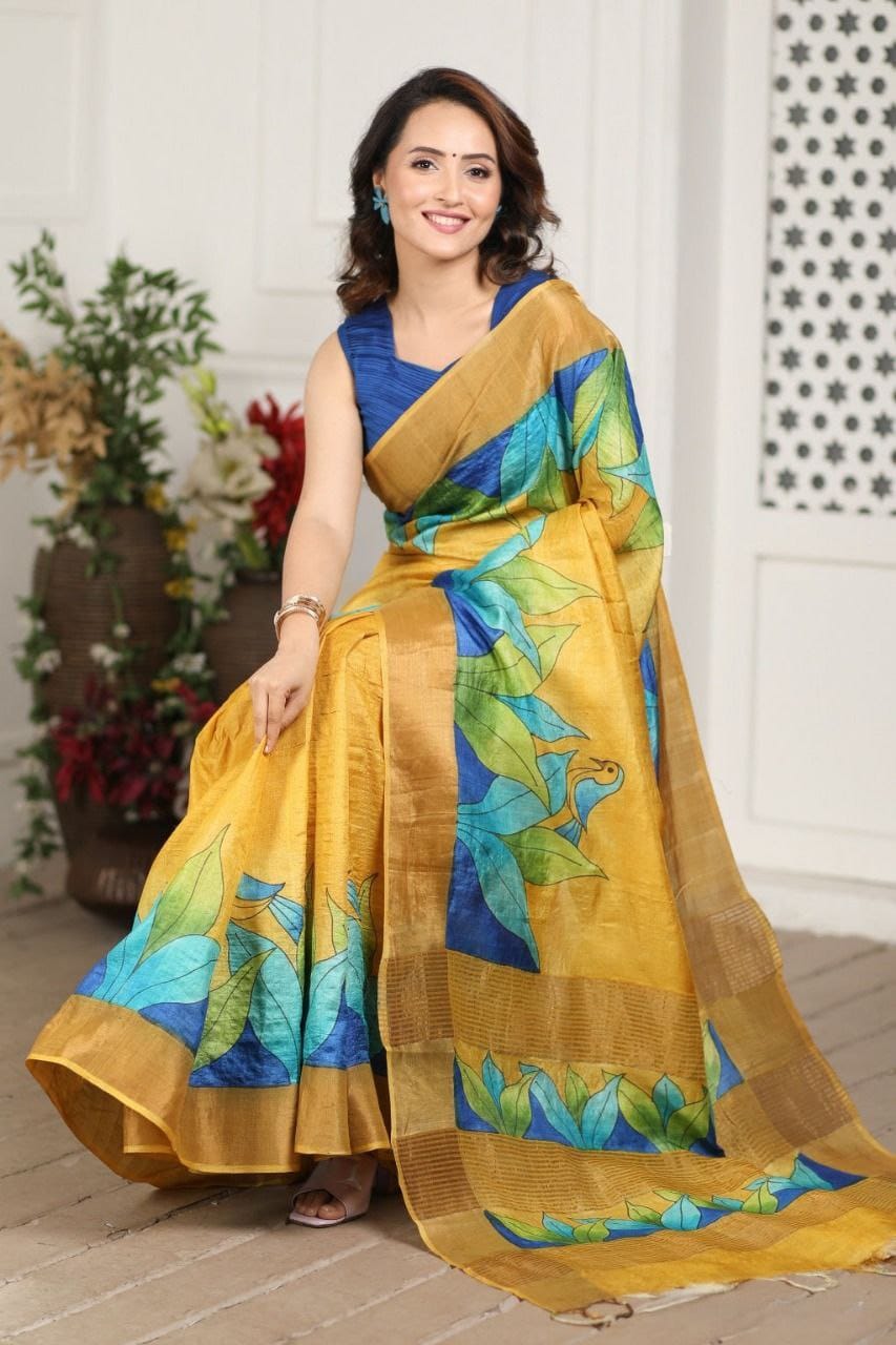 Dream Flare Kalamkari Tussar Silk Saree with Rich Jari Border & Coordinated Blouse – Artistic Heritage for Boutique Displays & Festive Gifting