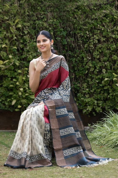 Dream Flare Kalamkari Tussar Silk Saree with Rich Jari Border & Coordinated Blouse – Artistic Heritage for Boutique Displays & Festive Gifting