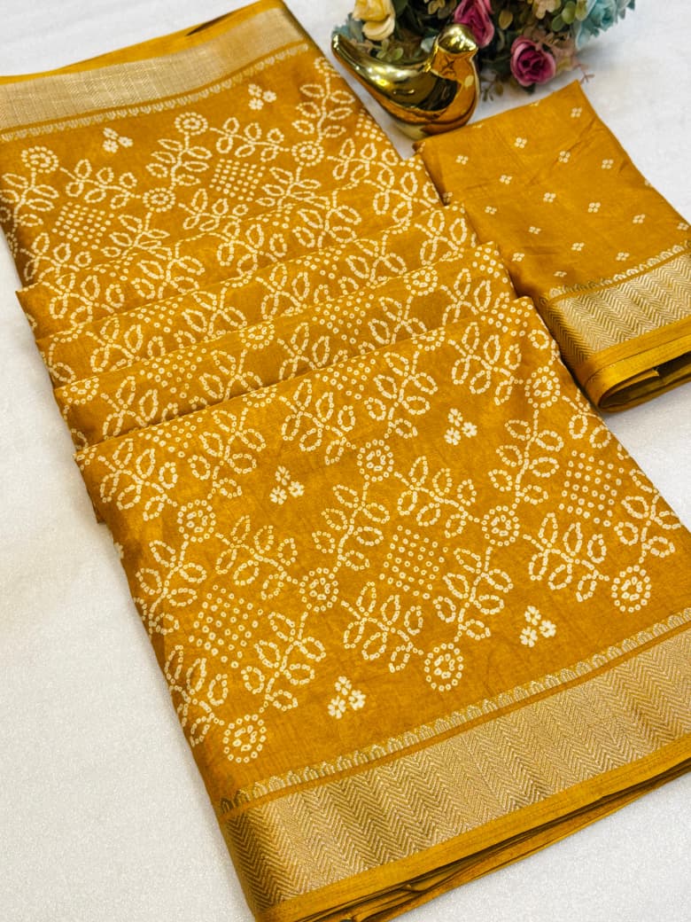Beautiful Dola silk sarees Bandhani print along with zari border