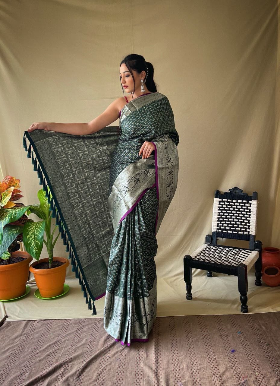 Premium Khicha Checks Silk Saree with Rich Zari Pallu & Kanchipuram Border – Elegant Festive Wear for Boutique Display