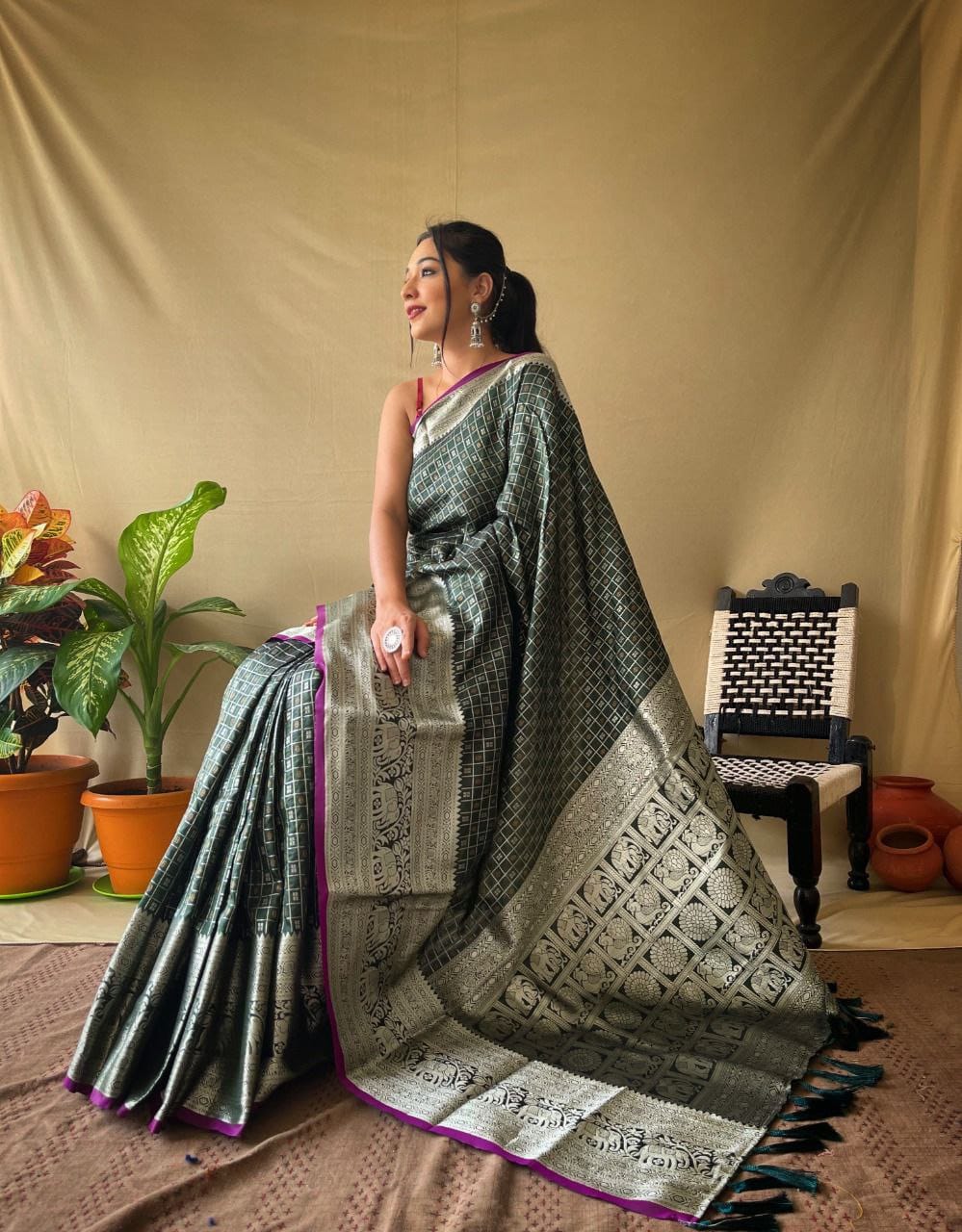 Premium Khicha Checks Silk Saree with Rich Zari Pallu & Kanchipuram Border – Elegant Festive Wear for Boutique Display