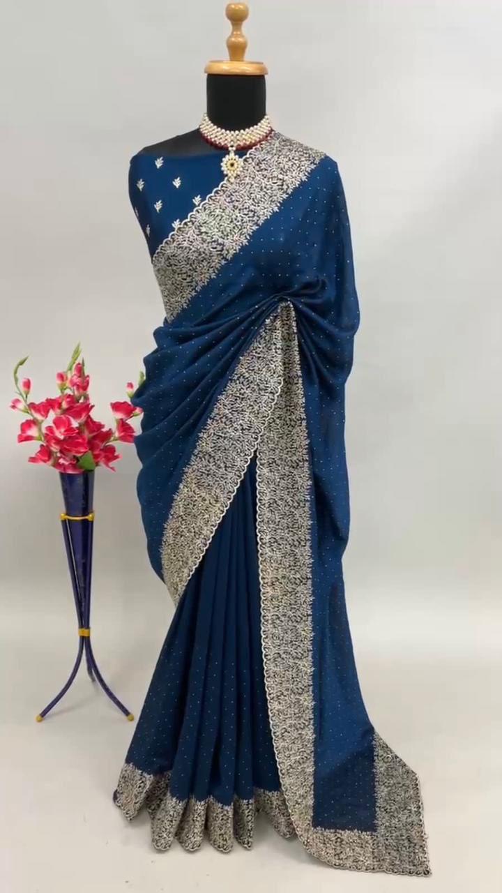 Premium Blooming Vichitra Silk Saree with Heavy Embroidery, Crystal Diamond Work & Cutwork Border – Luxury Partywear Collection