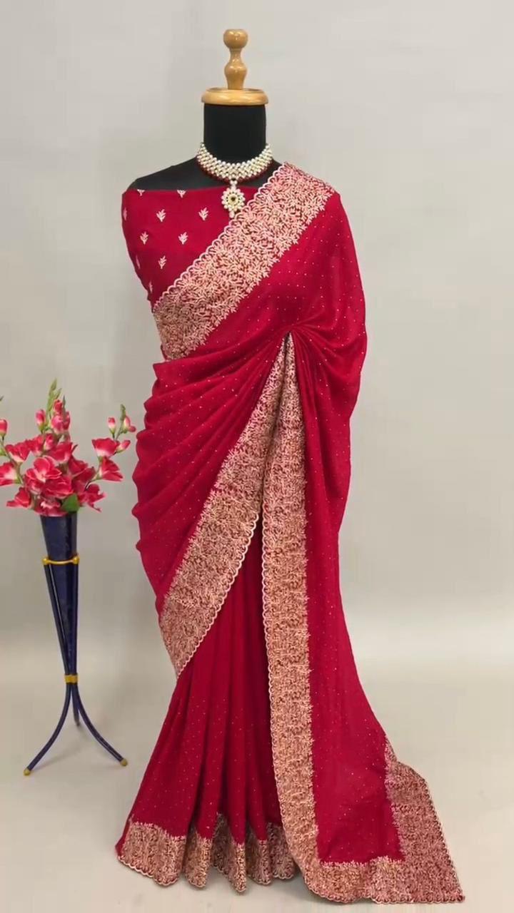 Premium Blooming Vichitra Silk Saree with Heavy Embroidery, Crystal Diamond Work & Cutwork Border – Luxury Partywear Collection