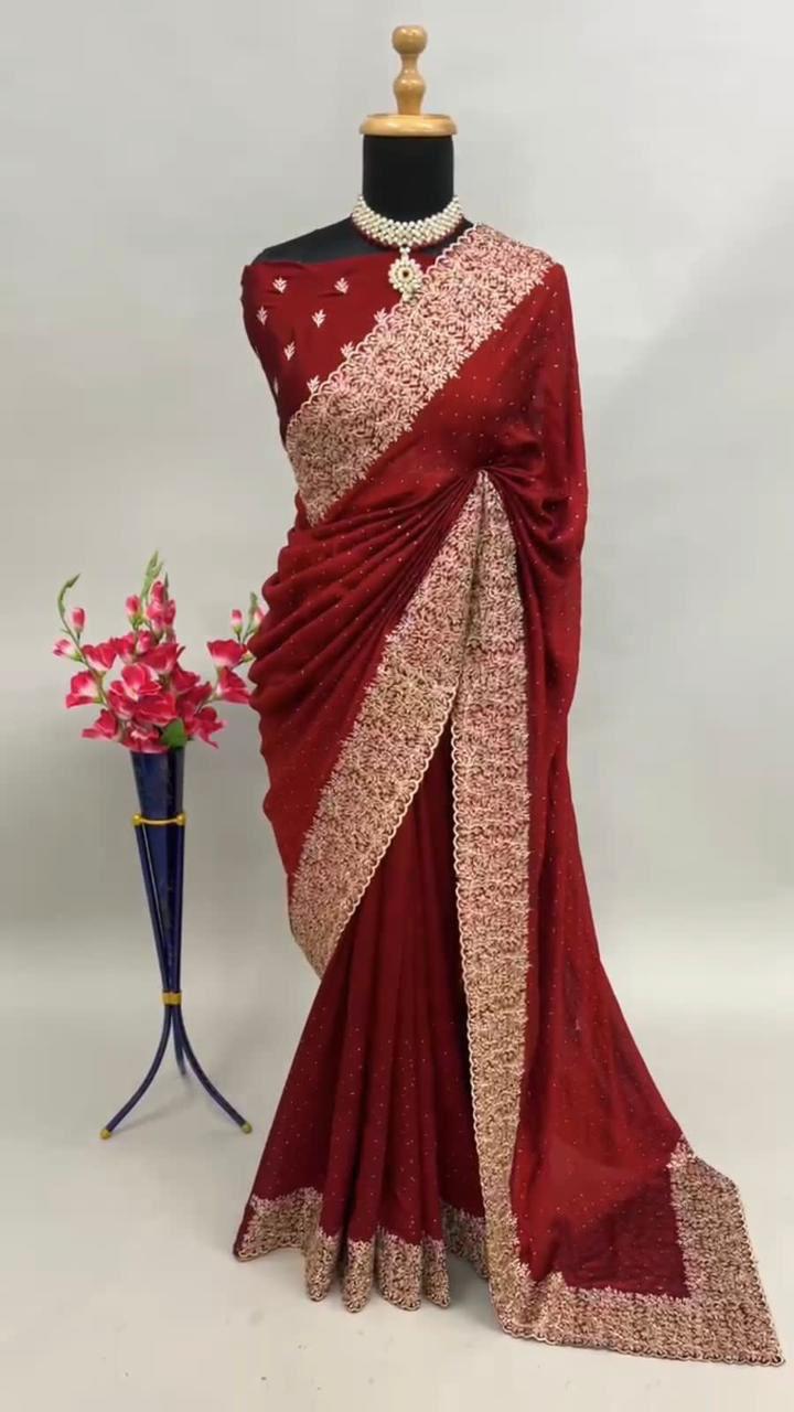 Premium Blooming Vichitra Silk Saree with Heavy Embroidery, Crystal Diamond Work & Cutwork Border – Luxury Partywear Collection
