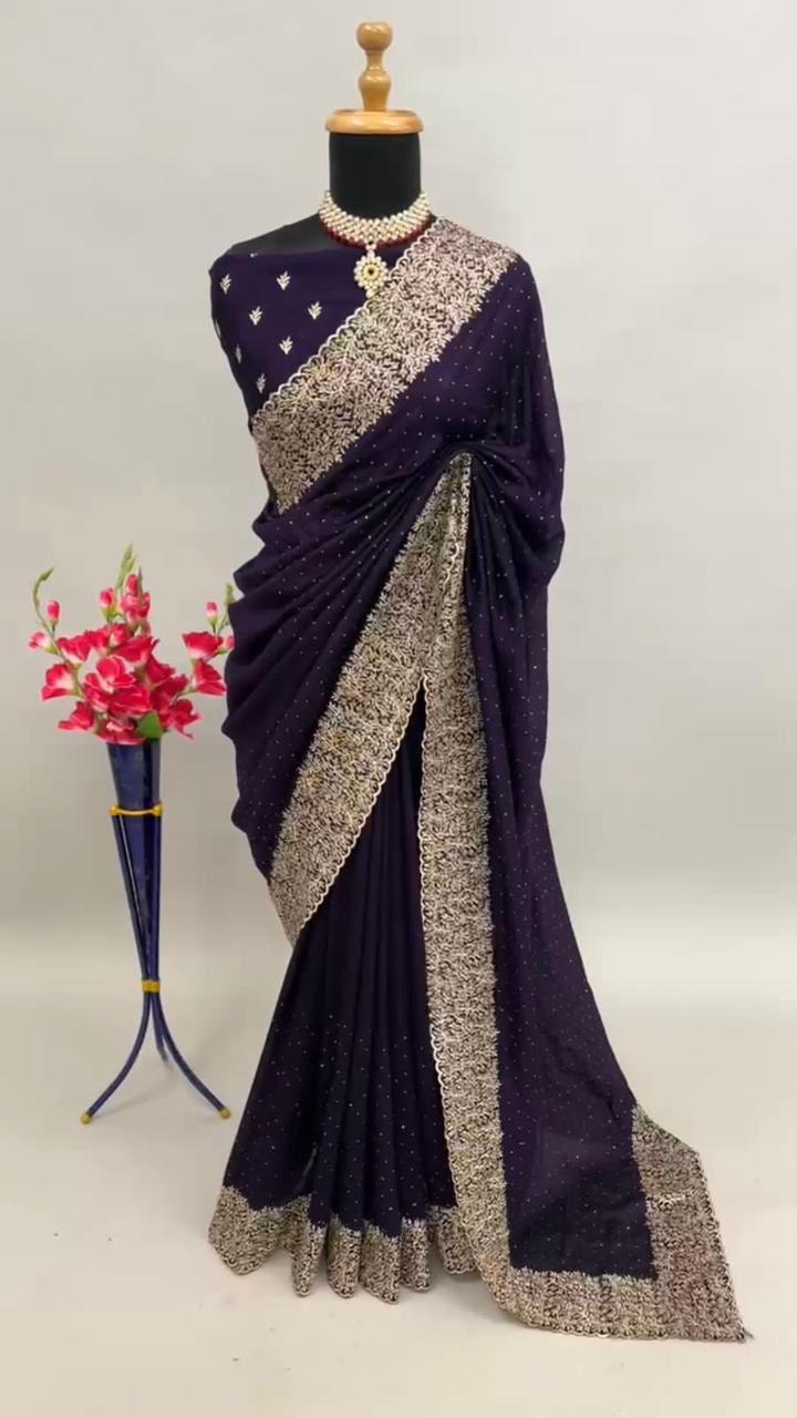 Premium Blooming Vichitra Silk Saree with Heavy Embroidery, Crystal Diamond Work & Cutwork Border – Luxury Partywear Collection