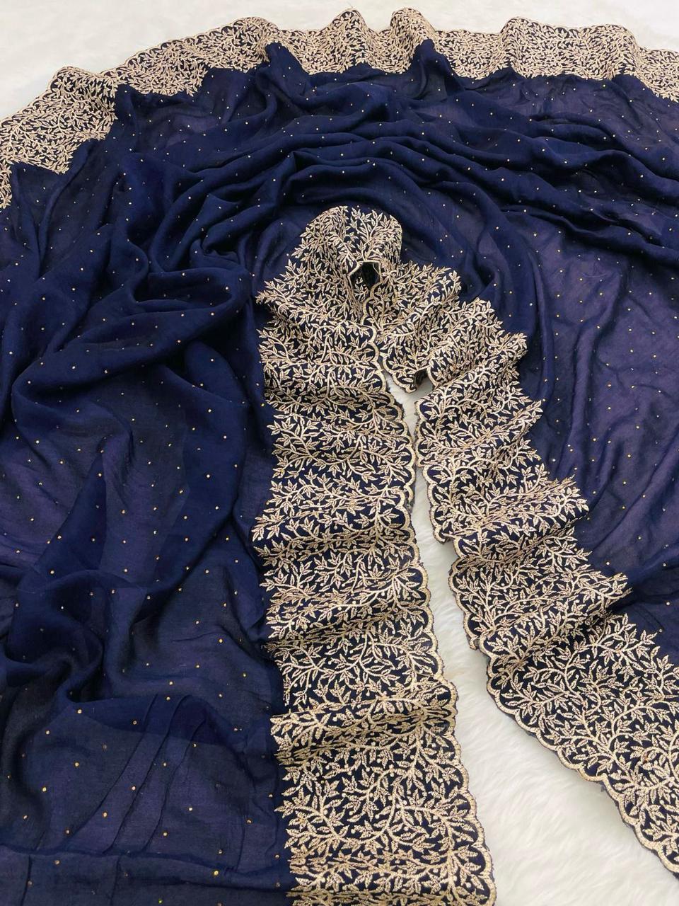 Premium Blooming Vichitra Silk Saree with Heavy Embroidery, Crystal Diamond Work & Cutwork Border – Luxury Partywear Collection