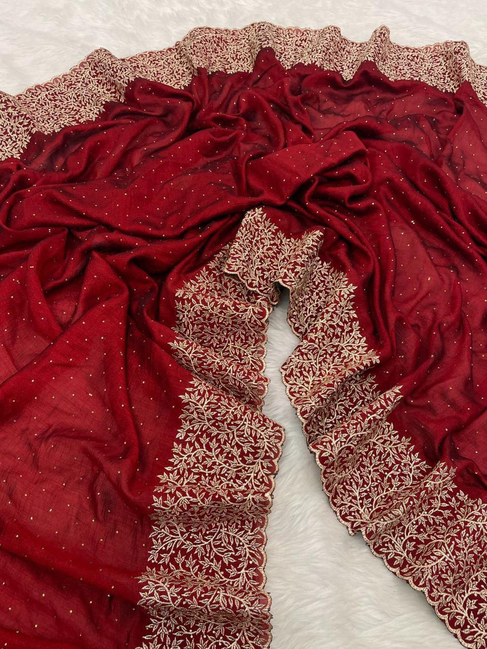 Premium Blooming Vichitra Silk Saree with Heavy Embroidery, Crystal Diamond Work & Cutwork Border – Luxury Partywear Collection