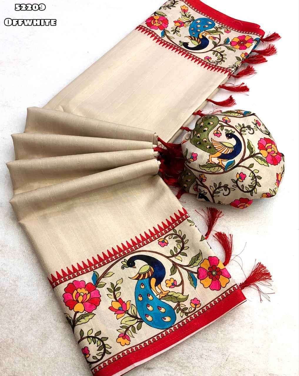 Handloom Tussar Silk Saree with Peacock Digital Print & Temple Border – Artistic Grandeur for Boutique Bulk Orders & Festive Gifting