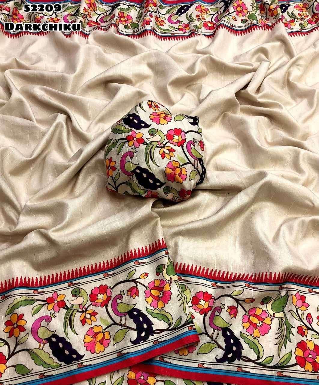 Handloom Tussar Silk Saree with Peacock Digital Print & Temple Border – Artistic Grandeur for Boutique Bulk Orders & Festive Gifting