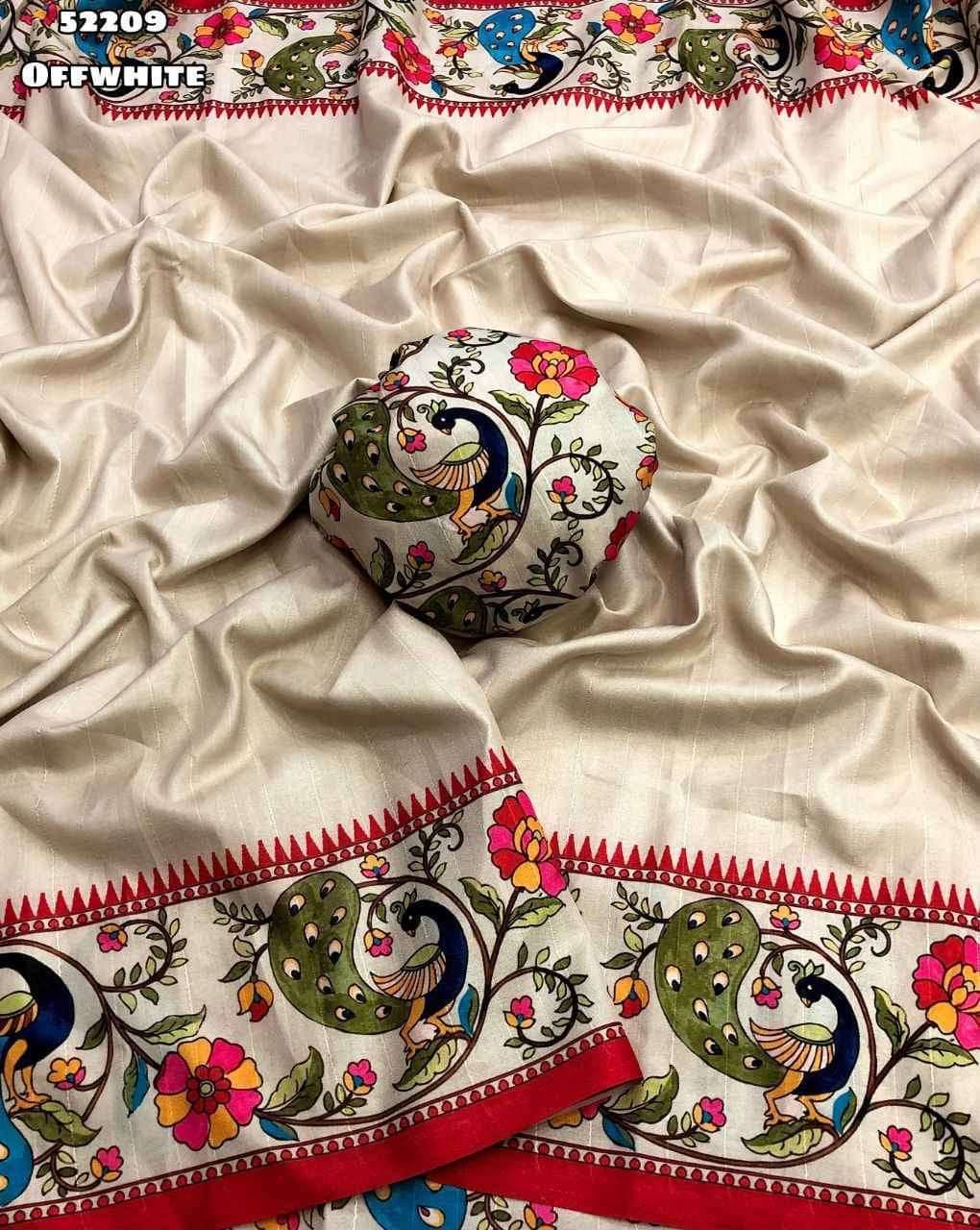 Handloom Tussar Silk Saree with Peacock Digital Print & Temple Border – Artistic Grandeur for Boutique Bulk Orders & Festive Gifting