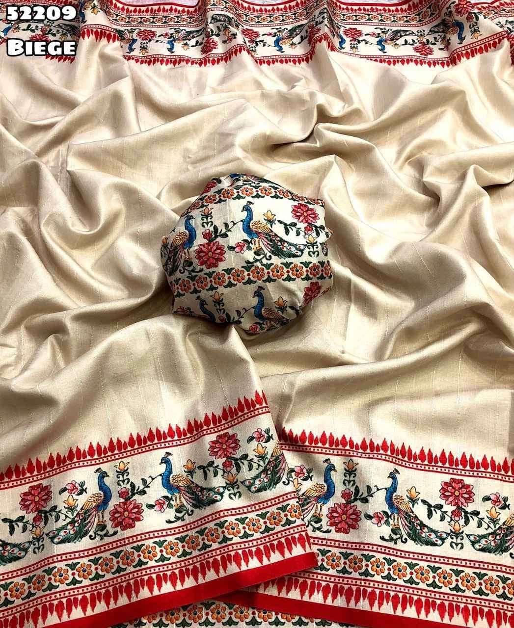 Handloom Tussar Silk Saree with Peacock Digital Print & Temple Border – Artistic Grandeur for Boutique Bulk Orders & Festive Gifting