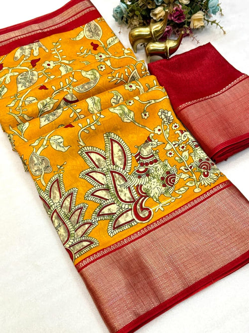 Beautiful Dola silk sarees KALAMKARI print along with zari border