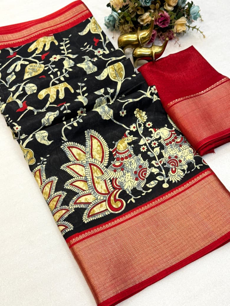Beautiful Dola silk sarees KALAMKARI print along with zari border