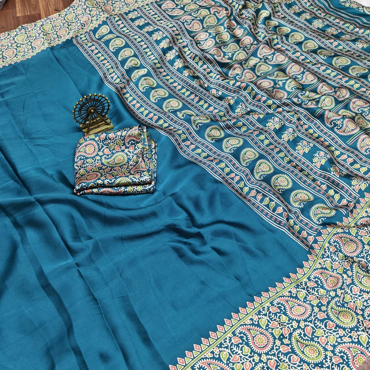 Pure Modal Silk Saree with Ajrakh Printed Pallu & Mango Border – Artistic Uniform Elegance for Boutique Displays & Festive Bulk Orders