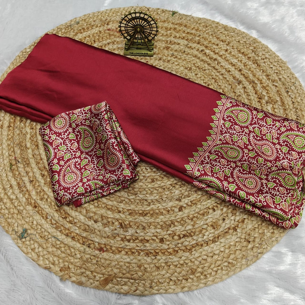 Pure Modal Silk Saree with Ajrakh Printed Pallu & Mango Border – Artistic Uniform Elegance for Boutique Displays & Festive Bulk Orders
