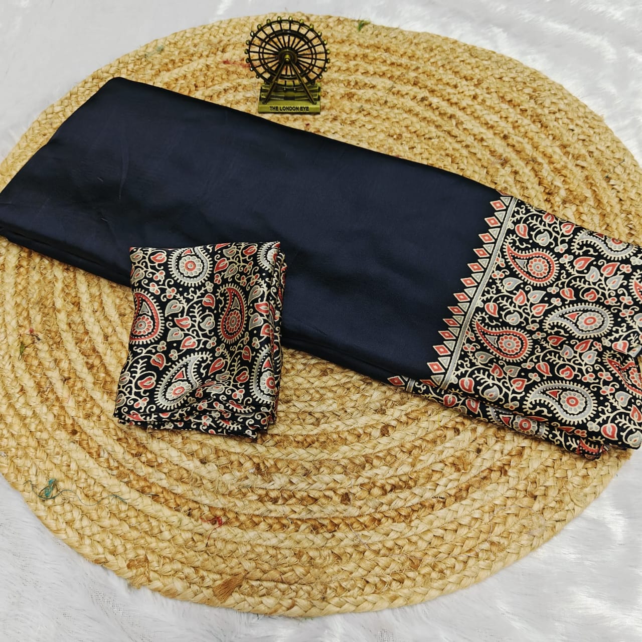 Pure Modal Silk Saree with Ajrakh Printed Pallu & Mango Border – Artistic Uniform Elegance for Boutique Displays & Festive Bulk Orders