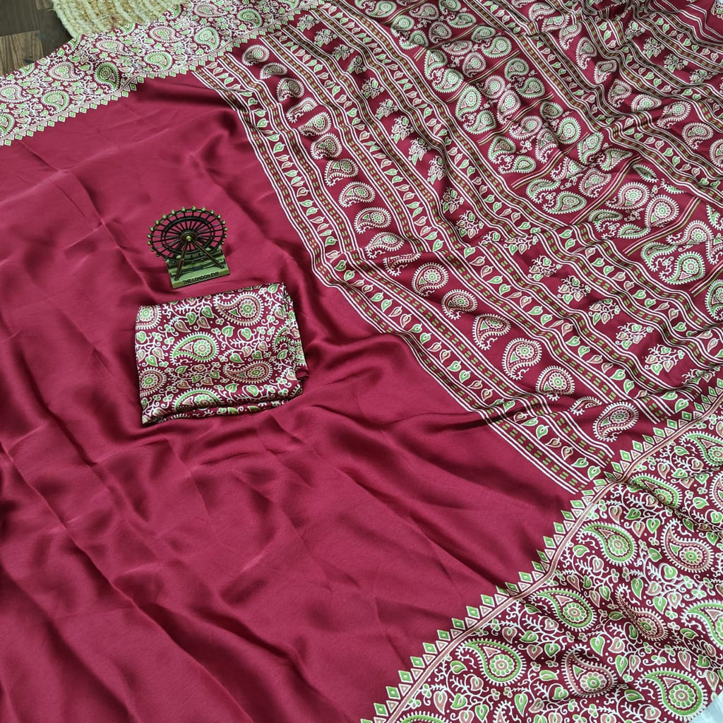 Pure Modal Silk Saree with Ajrakh Printed Pallu & Mango Border – Artistic Uniform Elegance for Boutique Displays & Festive Bulk Orders