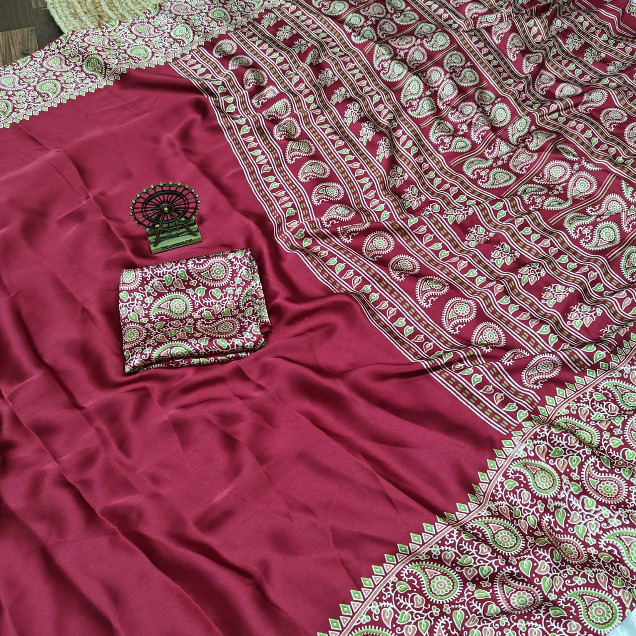 Pure Modal Silk Saree with Ajrakh Printed Pallu & Mango Border – Artistic Uniform Elegance for Boutique Displays & Festive Bulk Orders