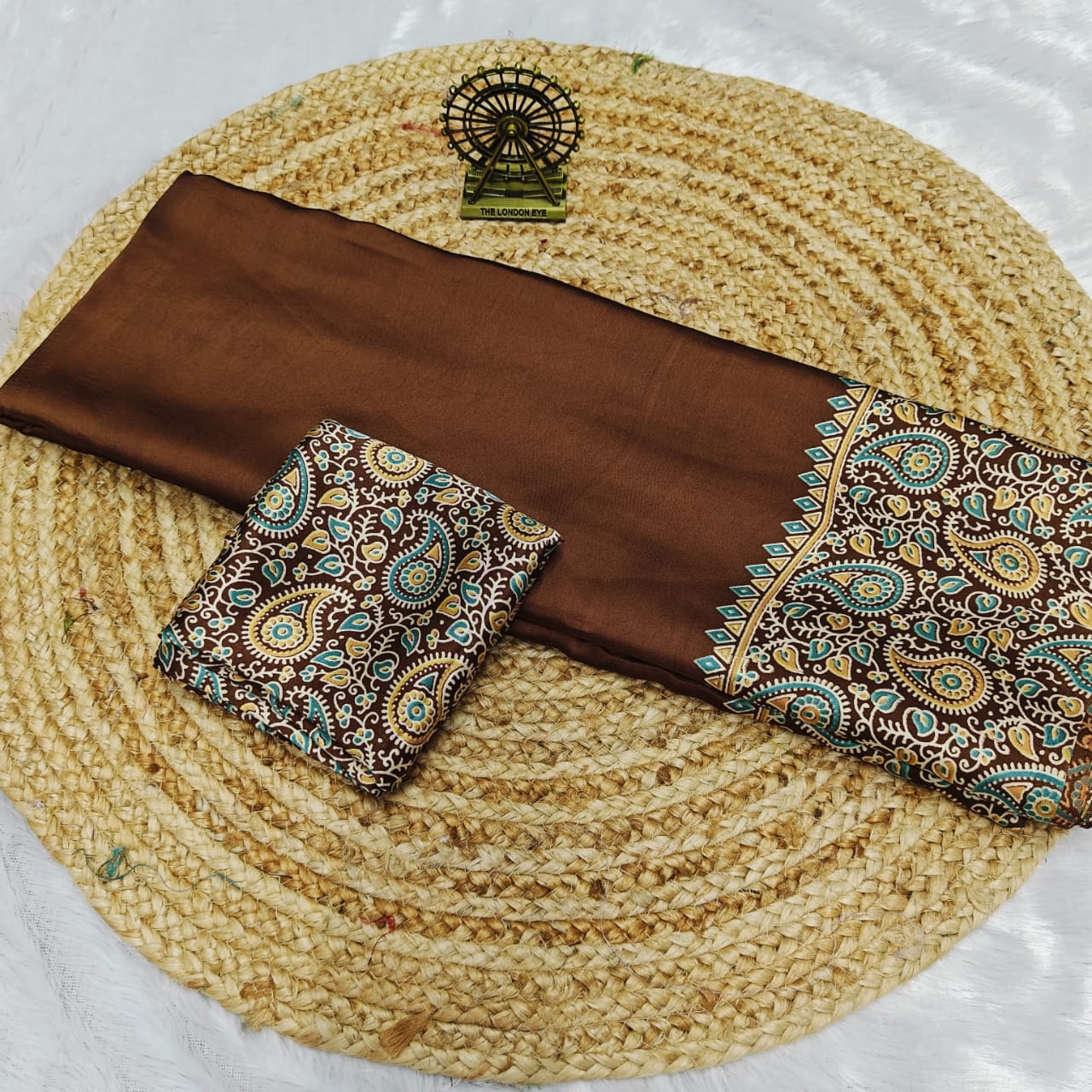 Pure Modal Silk Saree with Ajrakh Printed Pallu & Mango Border – Artistic Uniform Elegance for Boutique Displays & Festive Bulk Orders