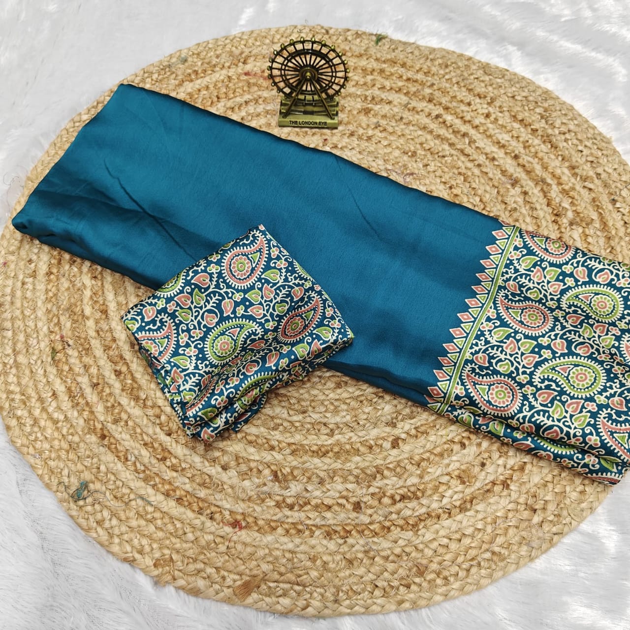 Pure Modal Silk Saree with Ajrakh Printed Pallu & Mango Border – Artistic Uniform Elegance for Boutique Displays & Festive Bulk Orders