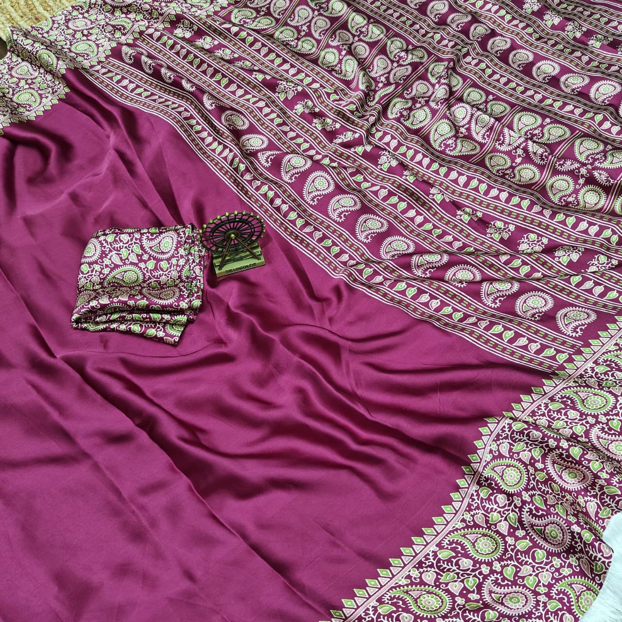 Pure Modal Silk Saree with Ajrakh Printed Pallu & Mango Border – Artistic Uniform Elegance for Boutique Displays & Festive Bulk Orders
