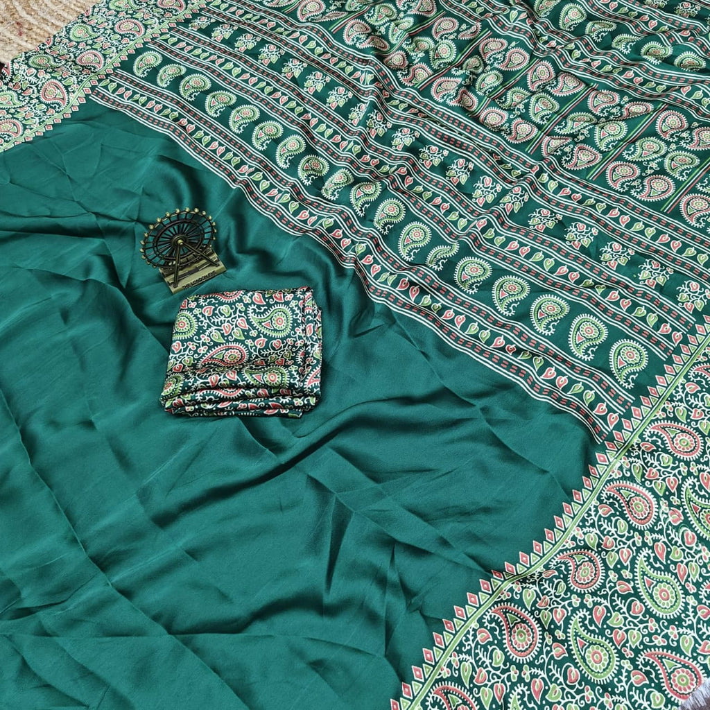 Pure Modal Silk Saree with Ajrakh Printed Pallu & Mango Border – Artistic Uniform Elegance for Boutique Displays & Festive Bulk Orders