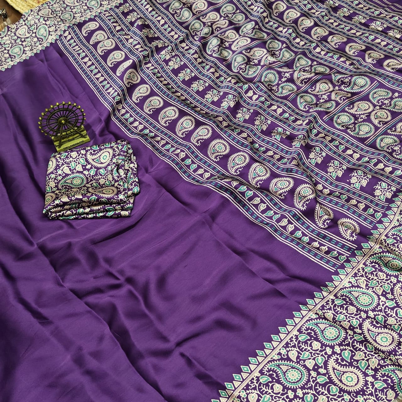 Pure Modal Silk Saree with Ajrakh Printed Pallu & Mango Border – Artistic Uniform Elegance for Boutique Displays & Festive Bulk Orders