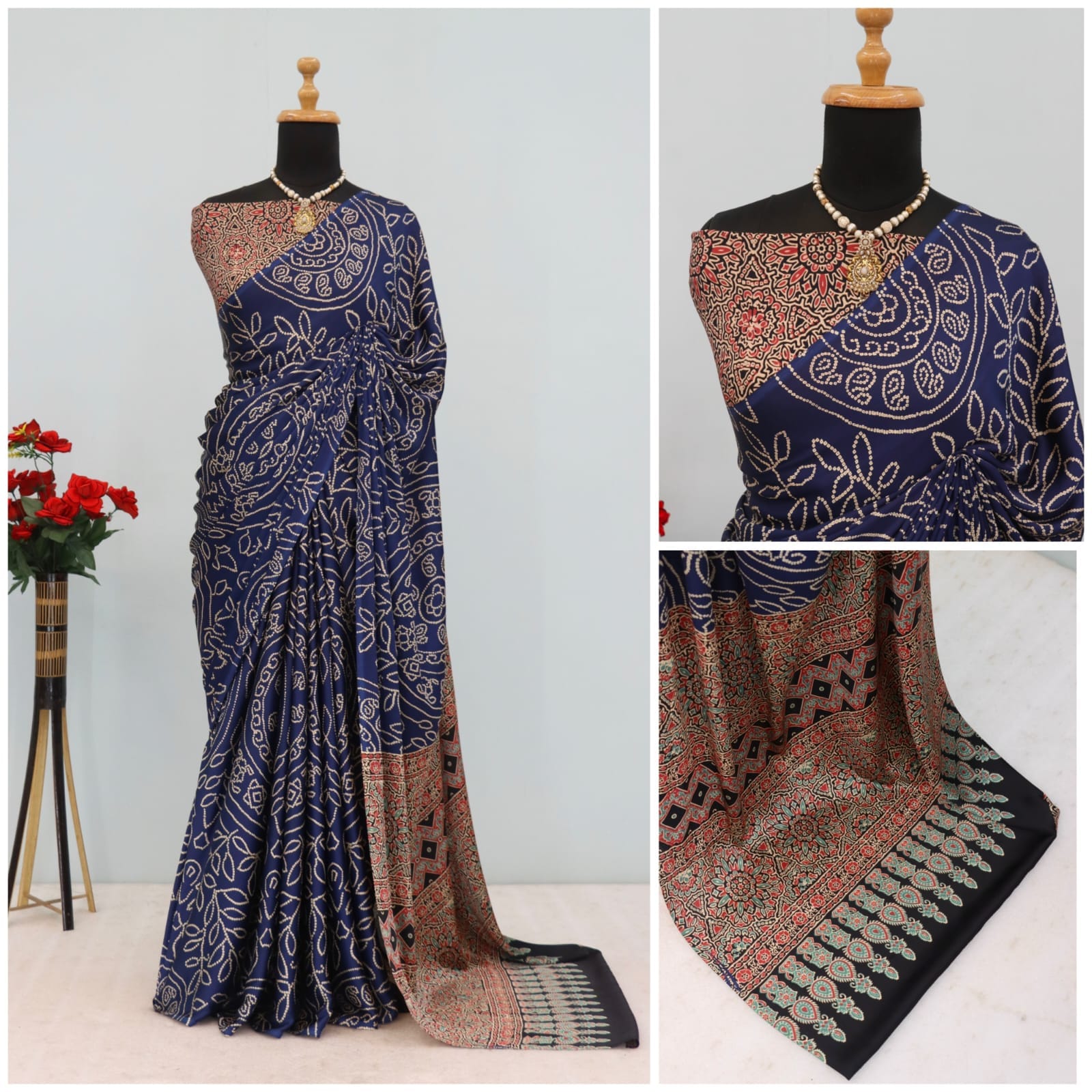 Bandhej Pure Modal Silk Saree with Ajrakh Printed Pallu & Blouse – Artistic Uniform Elegance for Boutique Displays & Festive Bulk Orders