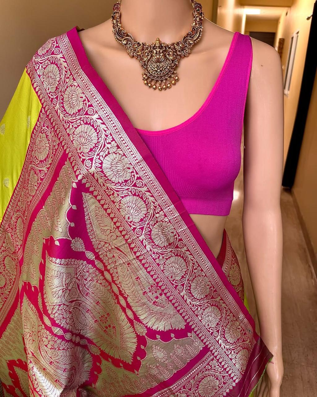 Pure Banarasi Silk Saree with Rich Mina Work & Butti Design – Regal Grandeur for Boutique Displays & Wedding Season Gifting