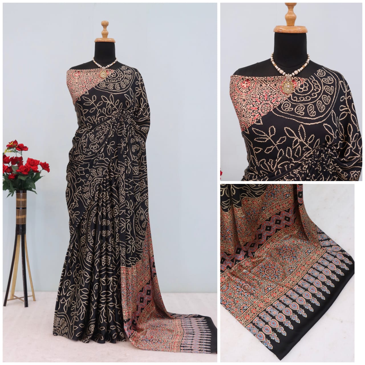 Bandhej Pure Modal Silk Saree with Ajrakh Printed Pallu & Blouse – Artistic Uniform Elegance for Boutique Displays & Festive Bulk Orders