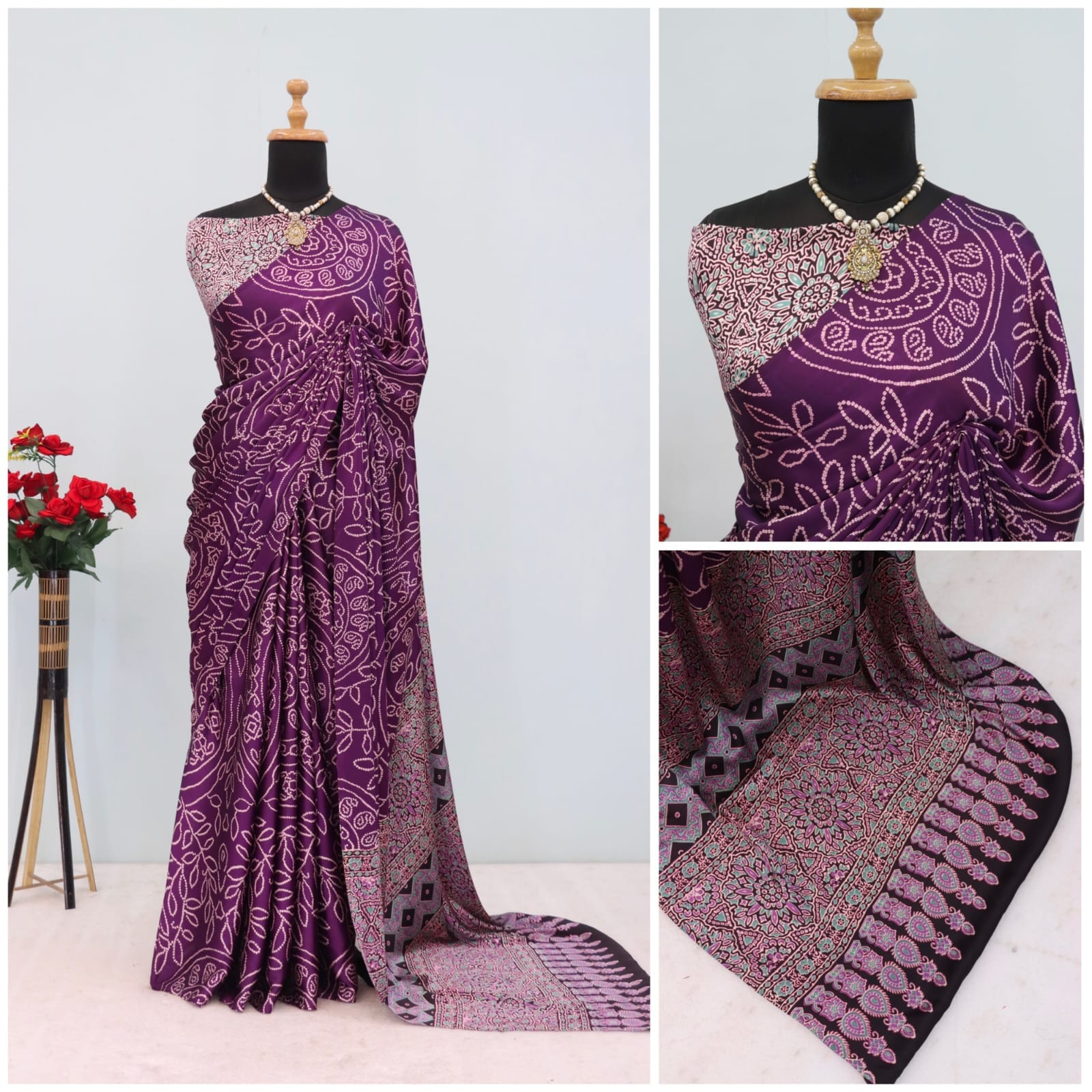 Bandhej Pure Modal Silk Saree with Ajrakh Printed Pallu & Blouse – Artistic Uniform Elegance for Boutique Displays & Festive Bulk Orders