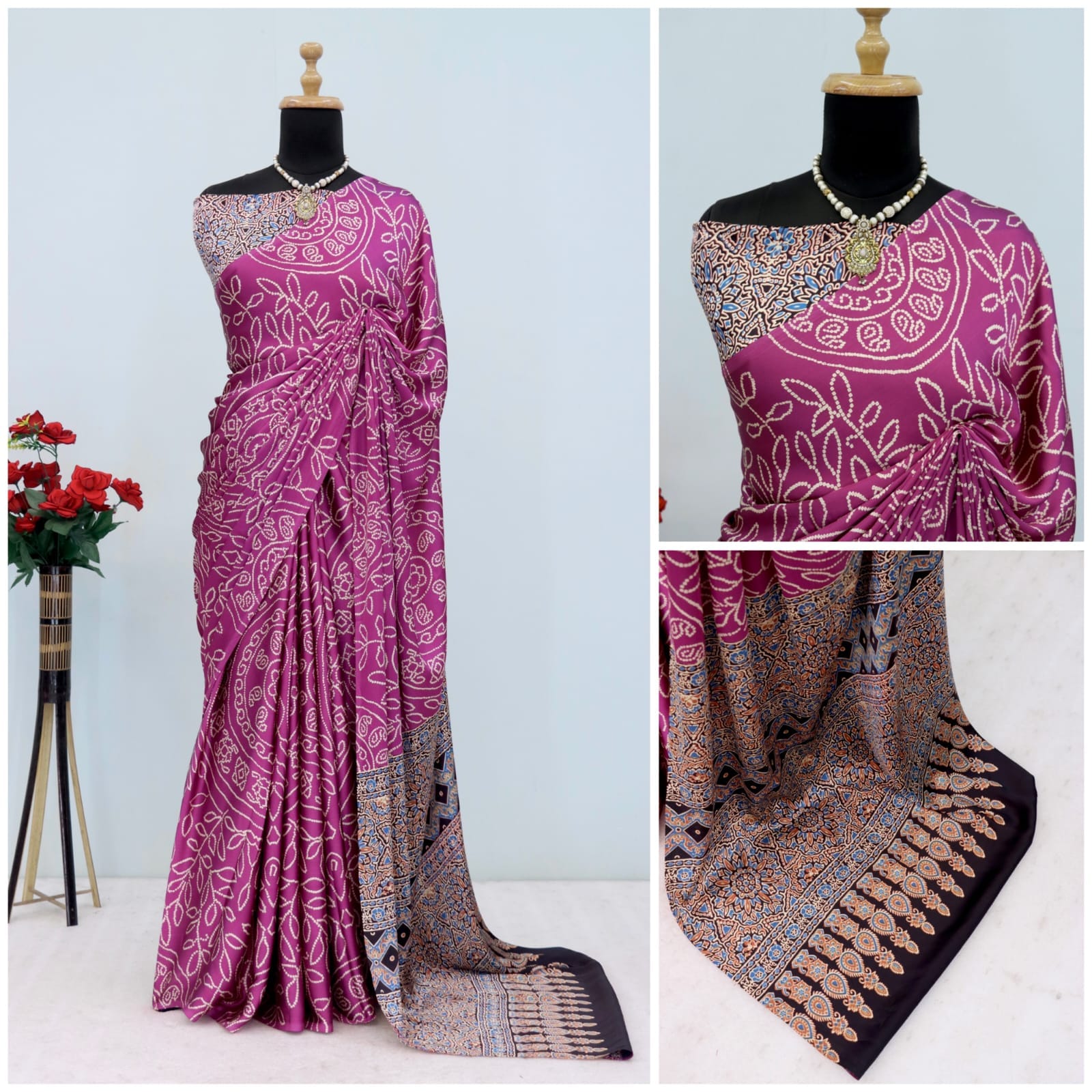 Bandhej Pure Modal Silk Saree with Ajrakh Printed Pallu & Blouse – Artistic Uniform Elegance for Boutique Displays & Festive Bulk Orders