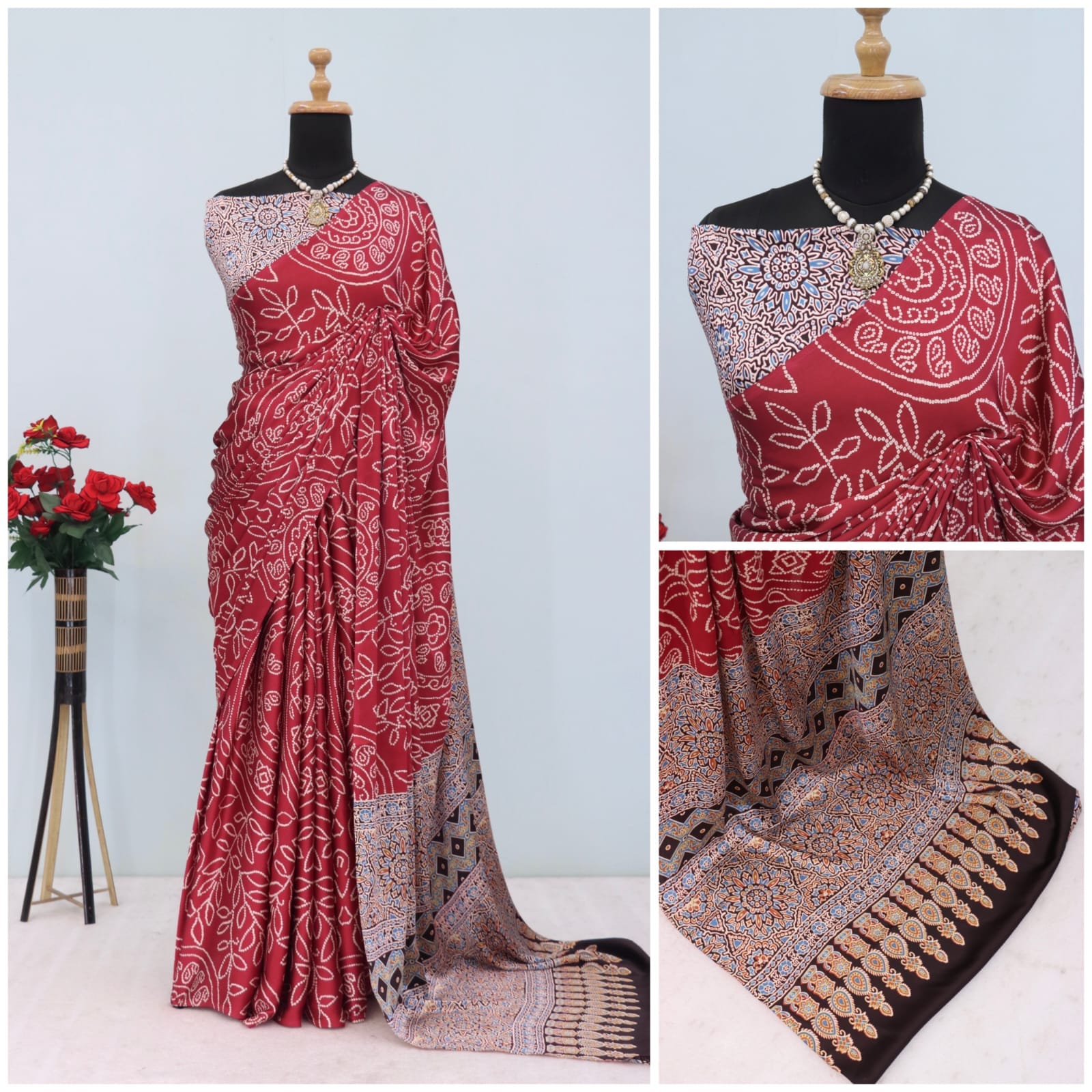 Bandhej Pure Modal Silk Saree with Ajrakh Printed Pallu & Blouse – Artistic Uniform Elegance for Boutique Displays & Festive Bulk Orders