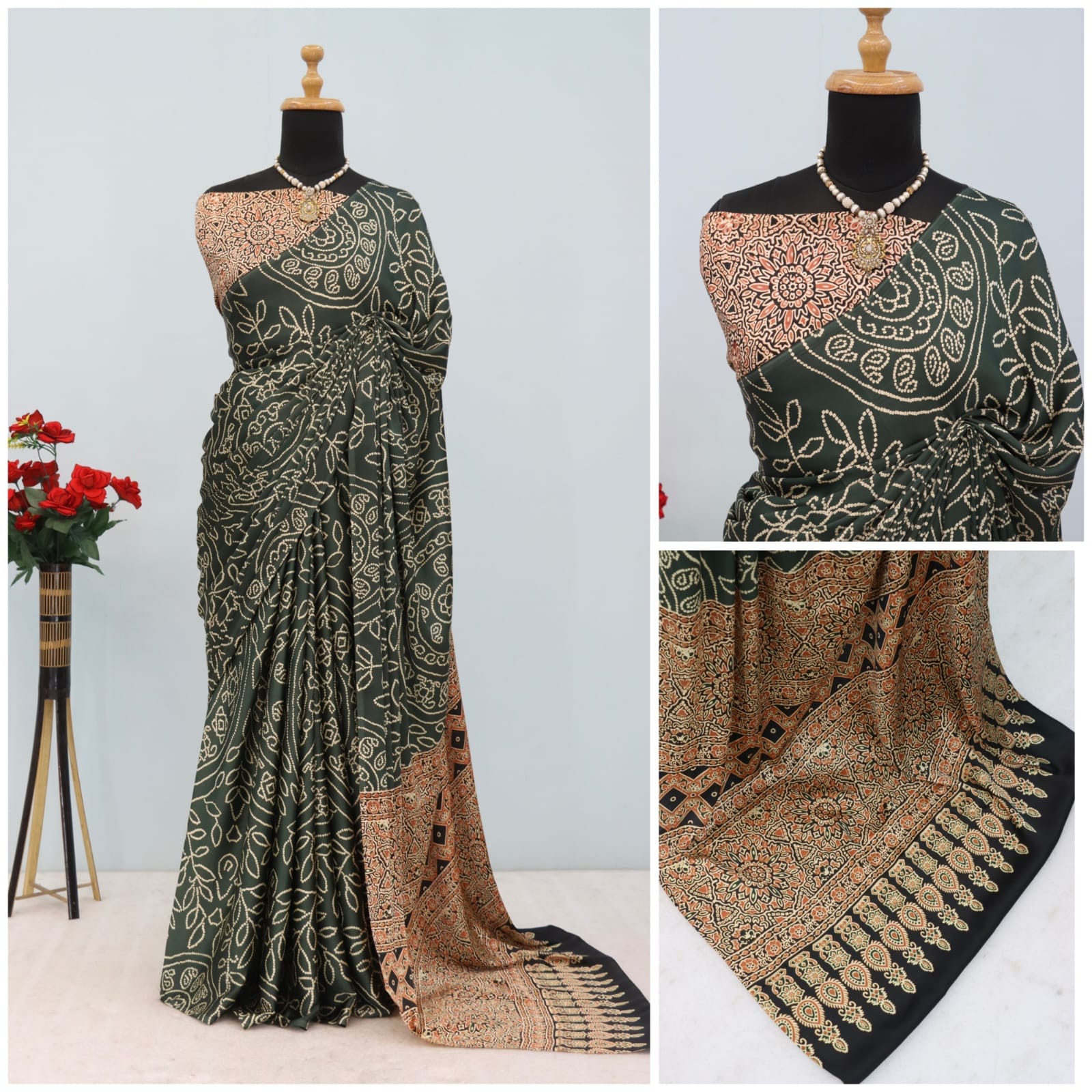 Bandhej Pure Modal Silk Saree with Ajrakh Printed Pallu & Blouse – Artistic Uniform Elegance for Boutique Displays & Festive Bulk Orders