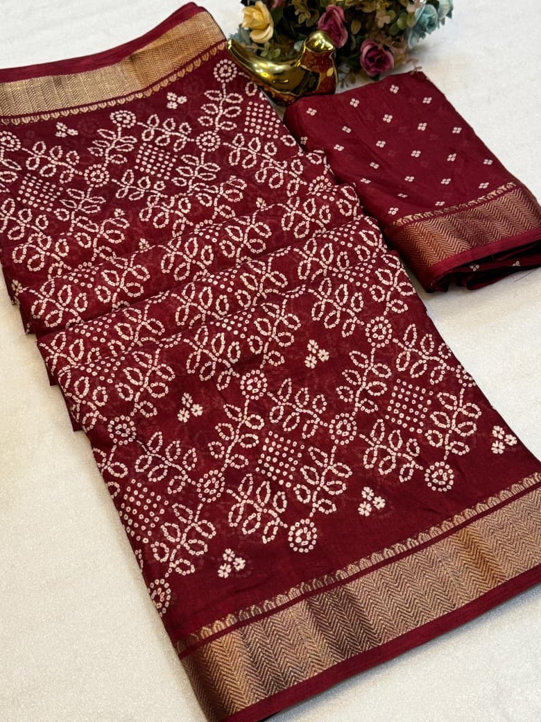 Beautiful Dola silk sarees Bandhani print along with zari border