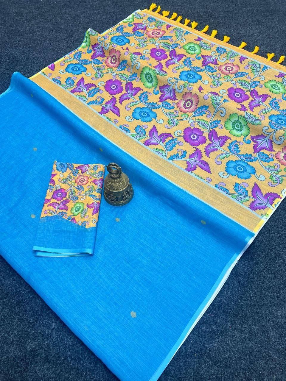 Plain Linen Saree with Digital Print & Fumka Detailing – Contemporary Charm for Boutique Displays & Festive Bulk Orders