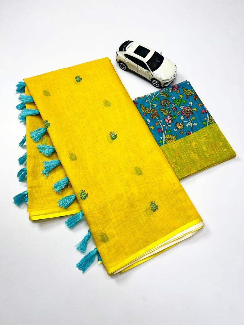 Plain Linen Saree with Digital Print & Fumka Detailing – Contemporary Charm for Boutique Displays & Festive Bulk Orders