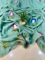 Georgette Saree with Flower Brush Print & Fancy Lace – Lightweight Elegance for Boutique Displays