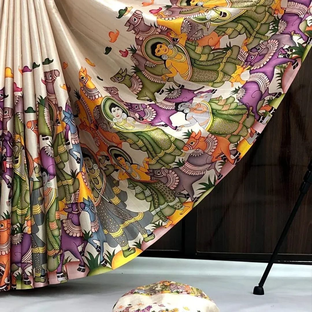 Pure Handloom Tussar Silk Saree with Kalamkari Digital Print & Tussle Pallu – Artistic Luxury for Boutique Displays & Festive Bulk Orders