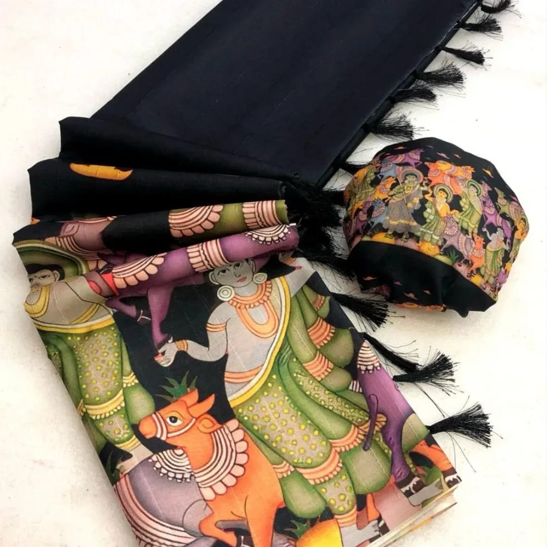 Pure Handloom Tussar Silk Saree with Kalamkari Digital Print & Tussle Pallu – Artistic Luxury for Boutique Displays & Festive Bulk Orders