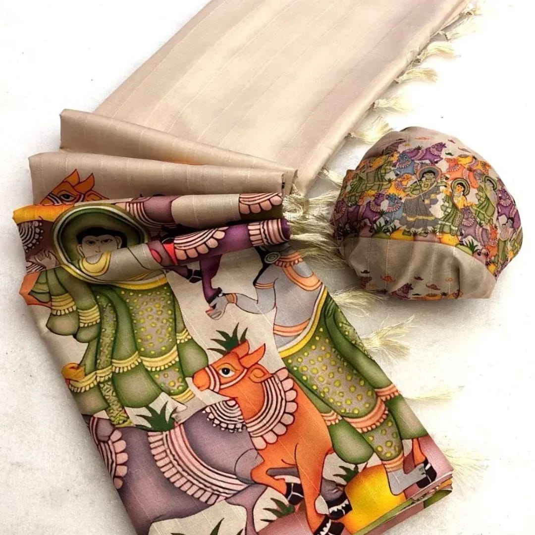 Pure Handloom Tussar Silk Saree with Kalamkari Digital Print & Tussle Pallu – Artistic Luxury for Boutique Displays & Festive Bulk Orders