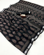 Heavy Semi-Cotton Saree with Ajrakh Print & Silver Zari Border + Matching Blouse – Ethnic Sophistication for Boutique Displays & Festive Bulk Orders