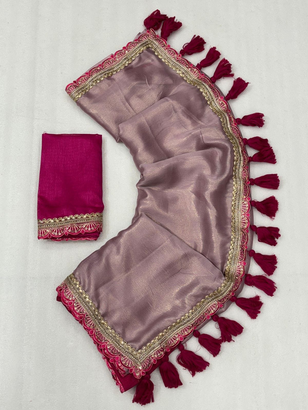 Two-Tone Soft Satin Fabric with Penthar Lace & Handmade Tassels + Running Banglori Blouse – Luxe Craftsmanship for Boutique Displays & Festive Bulk Orders