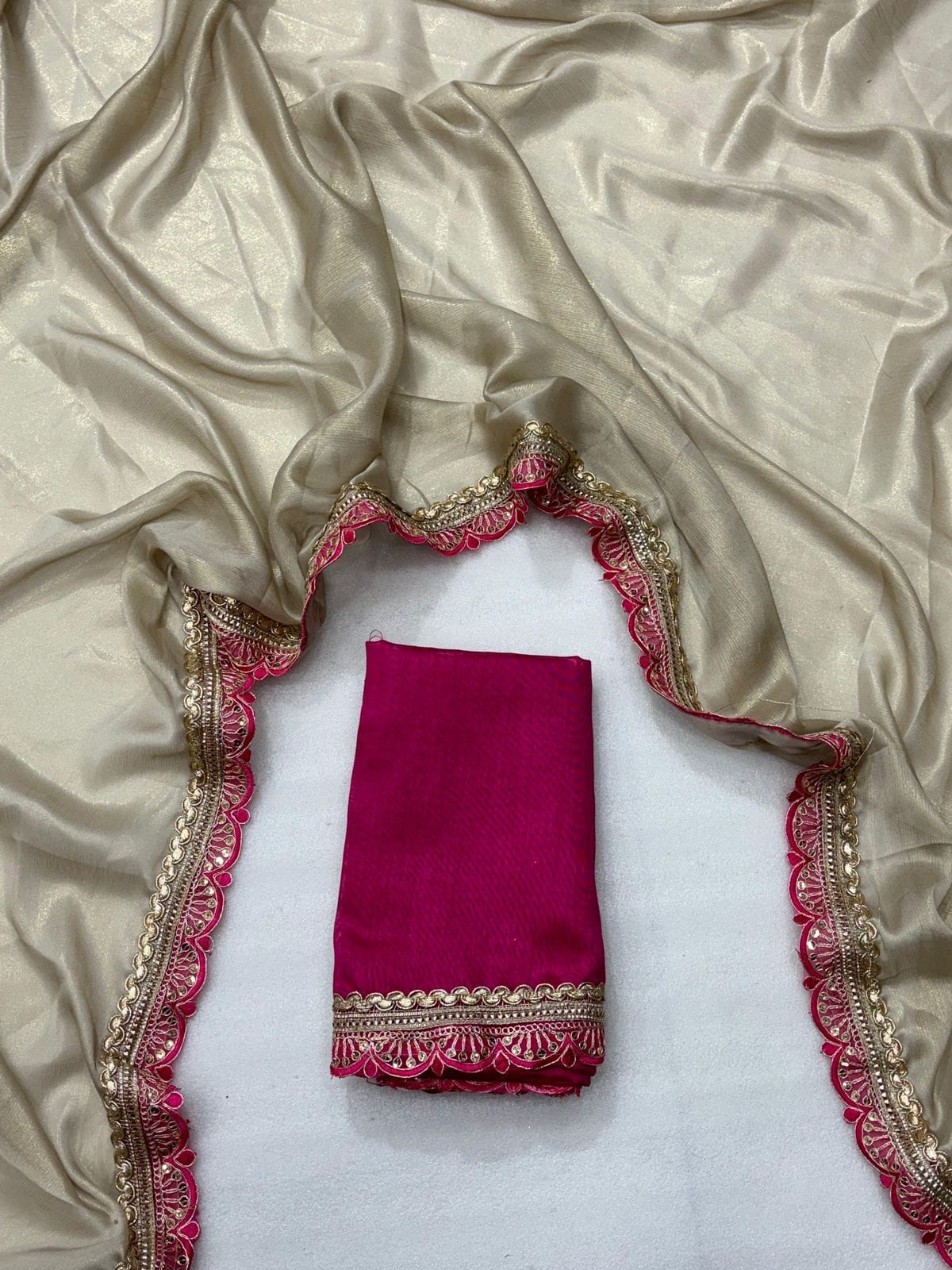 Two-Tone Soft Satin Fabric with Penthar Lace & Handmade Tassels + Running Banglori Blouse – Luxe Craftsmanship for Boutique Displays & Festive Bulk Orders