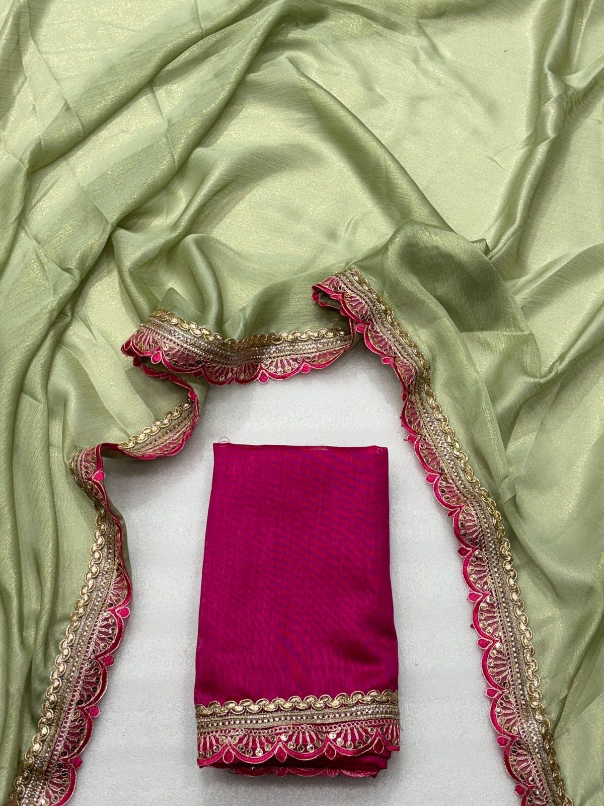 Two-Tone Soft Satin Fabric with Penthar Lace & Handmade Tassels + Running Banglori Blouse – Luxe Craftsmanship for Boutique Displays & Festive Bulk Orders