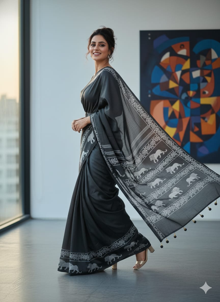 Pure Crepe Silk Saree with Animal Print & Motif Tassels – Premium Ethnic Wear for Boutique Displays & Festive Gifting