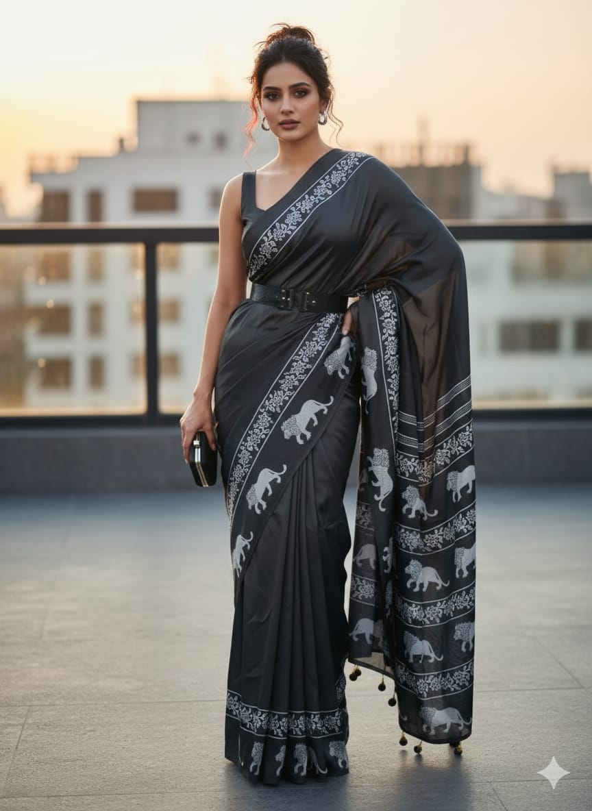 Pure Crepe Silk Saree with Animal Print & Motif Tassels – Premium Ethnic Wear for Boutique Displays & Festive Gifting