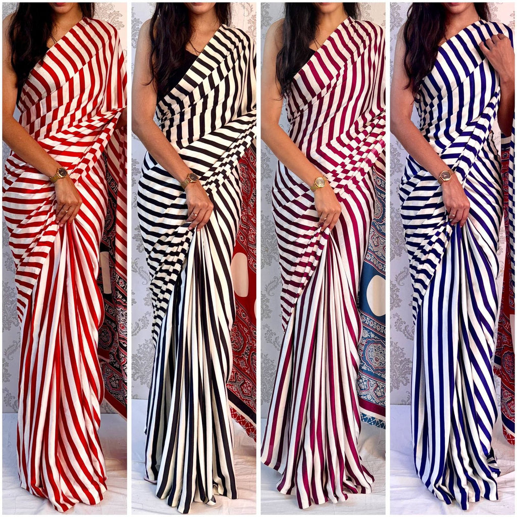 Stripe Elegance Crepe/Georgette Saree with Stylish Striped Print & Matching Blouse – Modern Party & Office Wear
